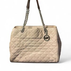 Michael Kors Beige Quilted Leather Tote with Chain Straps and MK Charm